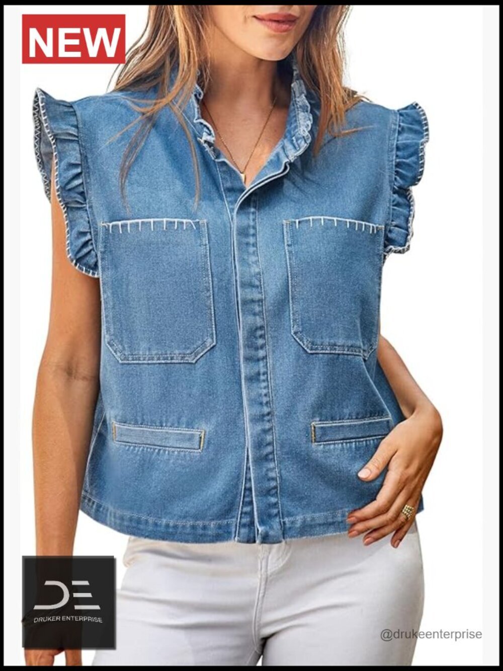 Cropped Denim Vest Sleeveless Jean Jacket Ruffle Neck Button